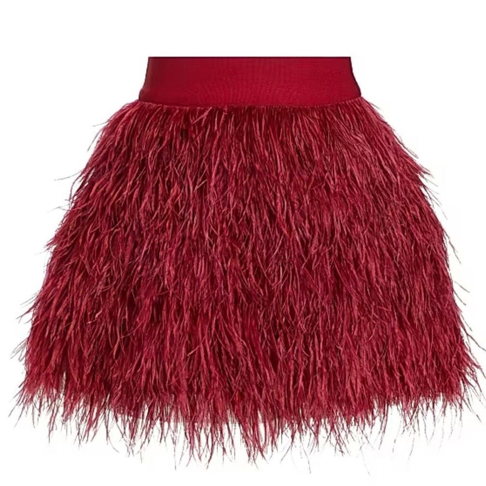Alice + Olivia Cina Deep Red Feathered A-Line Skirt